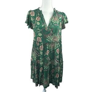 Anthropologie Green Victoria Garcia Floral Flutter Sleeve Tiered Dress SP Gecko
